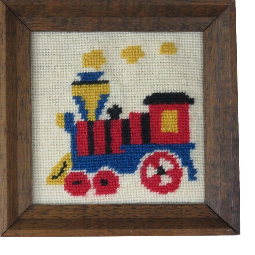 Train Engine Needlepoint Finished Framed Embroidery Triptych Effect Vintage - Picture 1 of 9